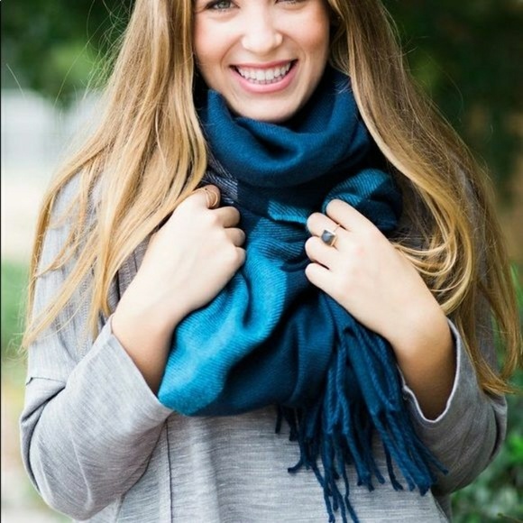 Cozy Soft Navy Blue Green Striped Oversized Scarf - Picture 2 of 2